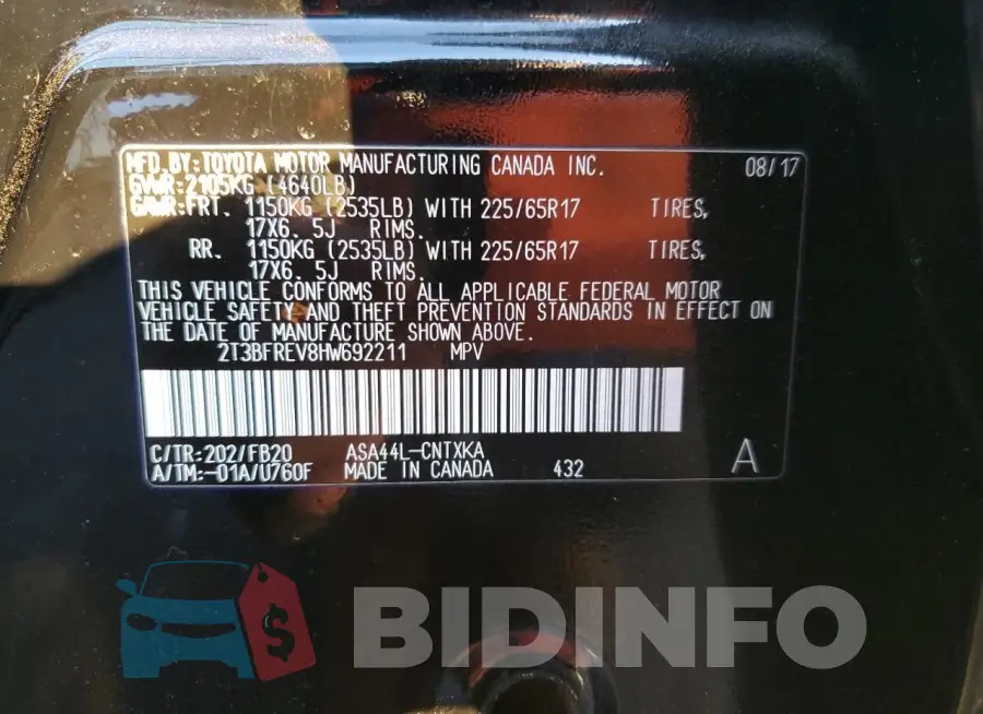2T3BFREV8HW692211 Photo# 13