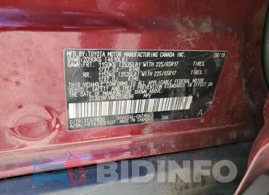 2T3G1RFV8KC038286 Photo# 13
