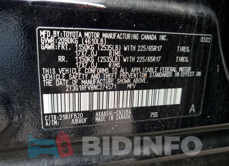 2T3G1RFV8NC274571 Photo# 14