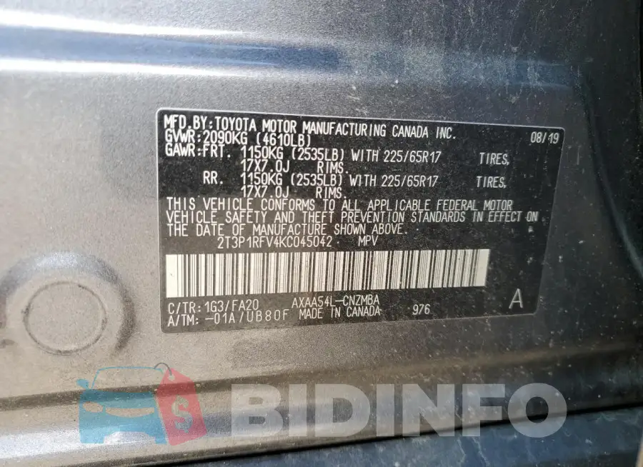 2T3P1RFV4KC045042 Photo# 14