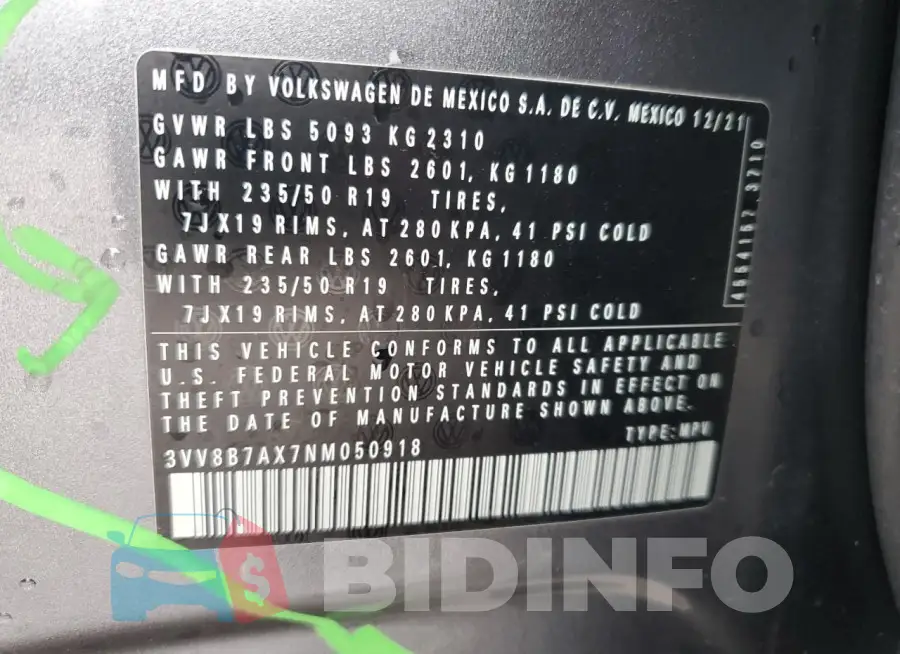 3VV8B7AX7NM050918 Photo# 13