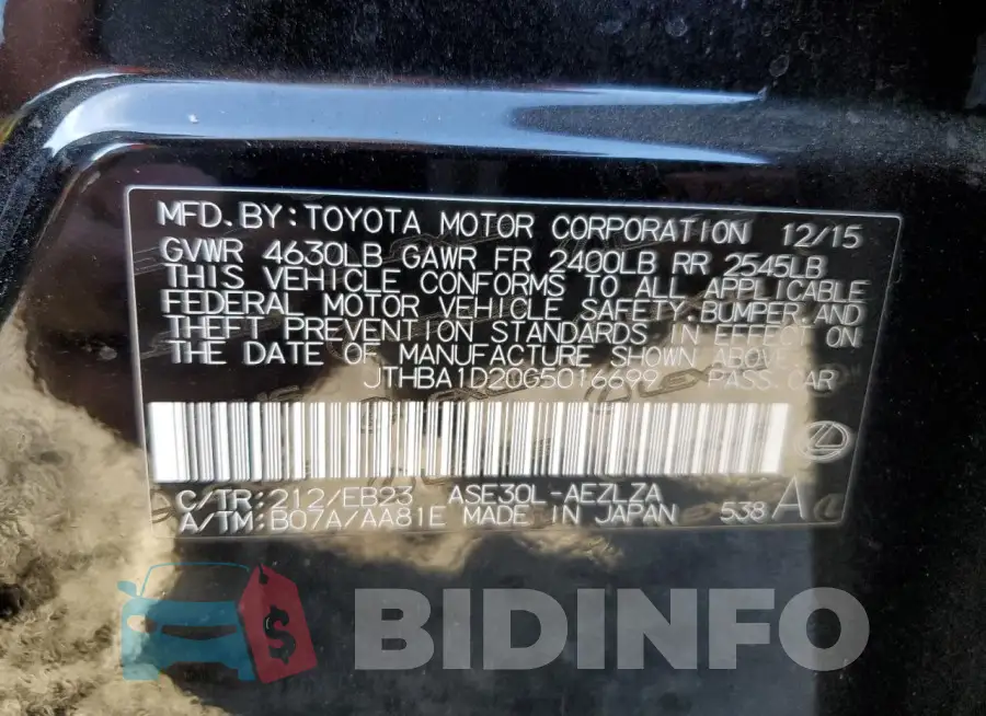 JTHBA1D20G5016699 Photo# 13