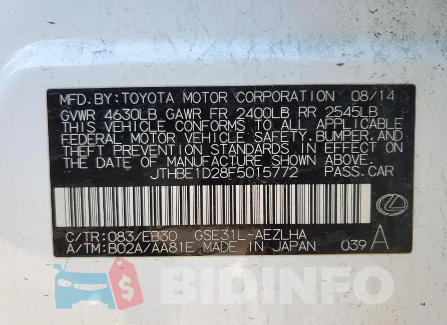 JTHBE1D28F5015772 Photo# 12