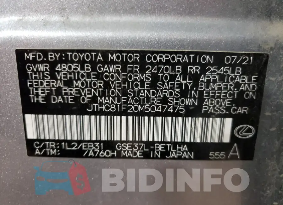 JTHC81F20M5047475 Photo# 12