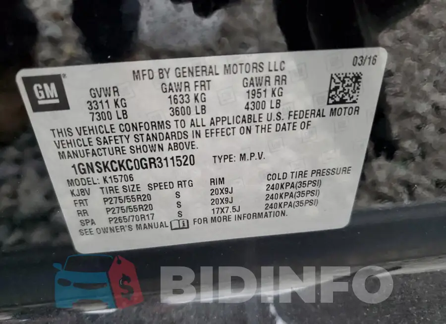 1GNSKCKC0GR311520 Photo# 13