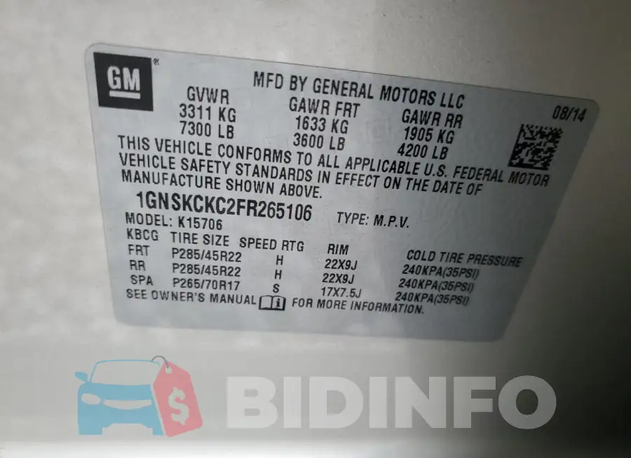 1GNSKCKC2FR265106 Photo# 13