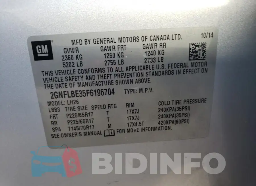 2GNFLBE35F6196704 Photo# 14