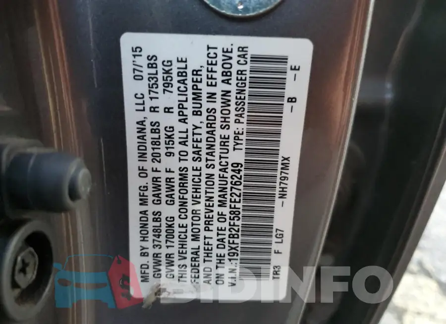 19XFB2F58FE276249 Photo# 12