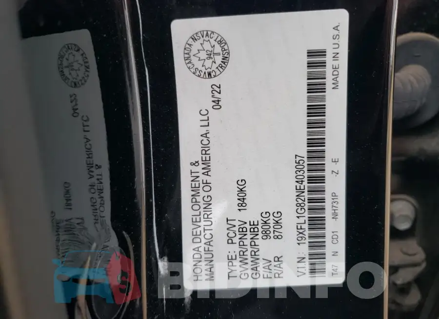 19XFL1G82NE403057 Photo# 13