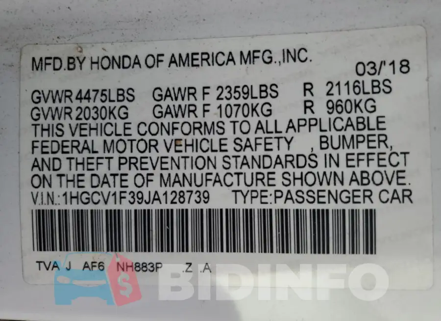 1HGCV1F39JA128739 Photo# 12