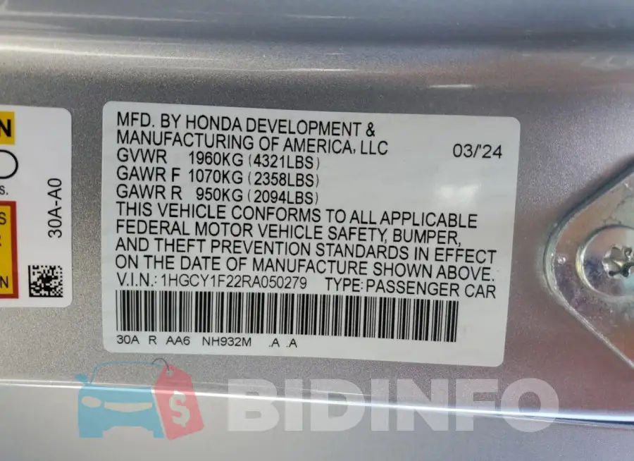 1HGCY1F22RA050279 Photo# 13