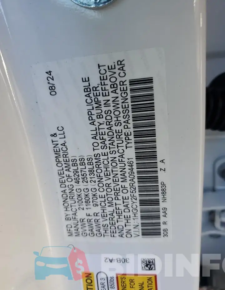 1HGCY2F52RA094461 Photo# 11