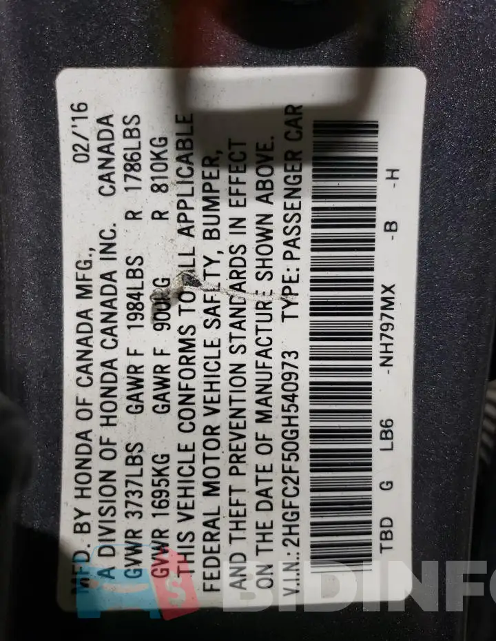 2HGFC2F50GH540973 Photo# 13