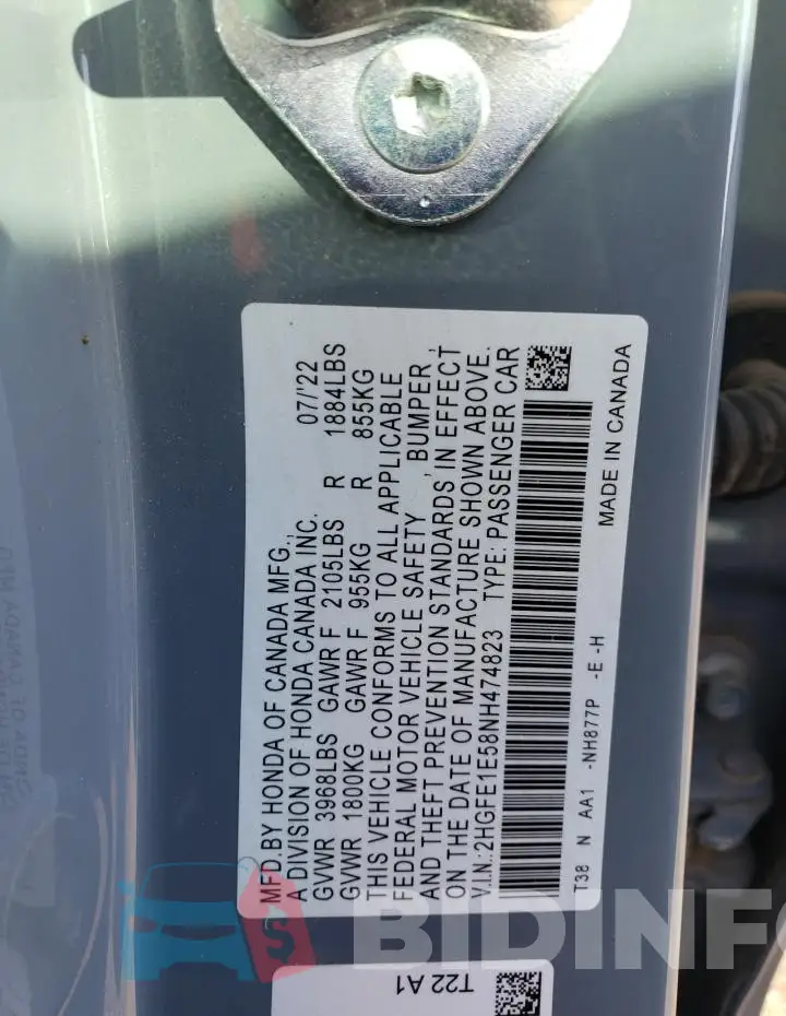 2HGFE1E58NH474823 Photo# 12