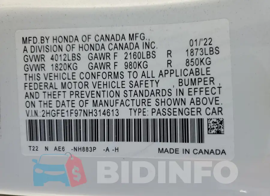 2HGFE1F97NH314613 Photo# 13