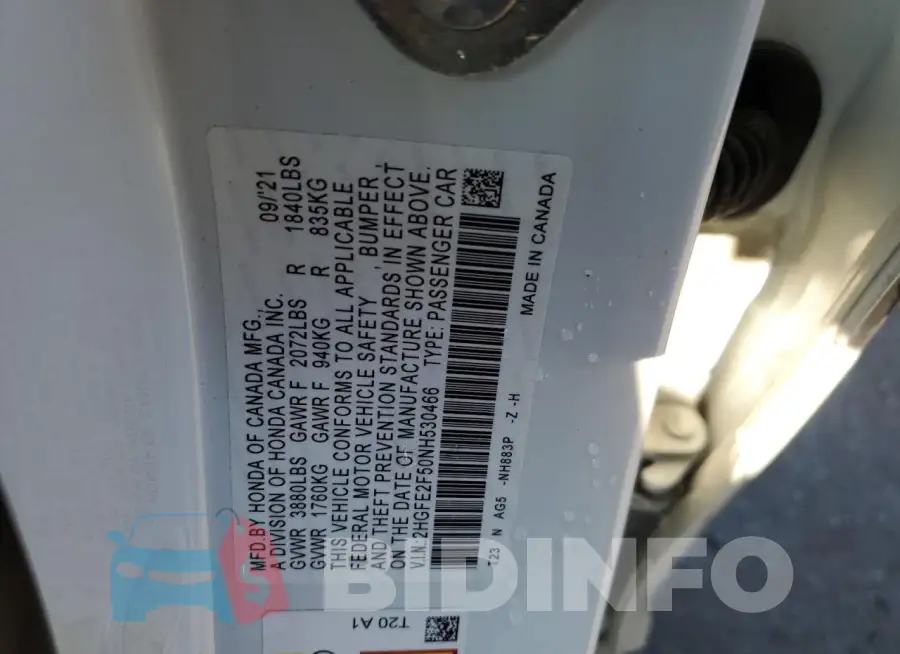 2HGFE2F50NH530466 Photo# 12