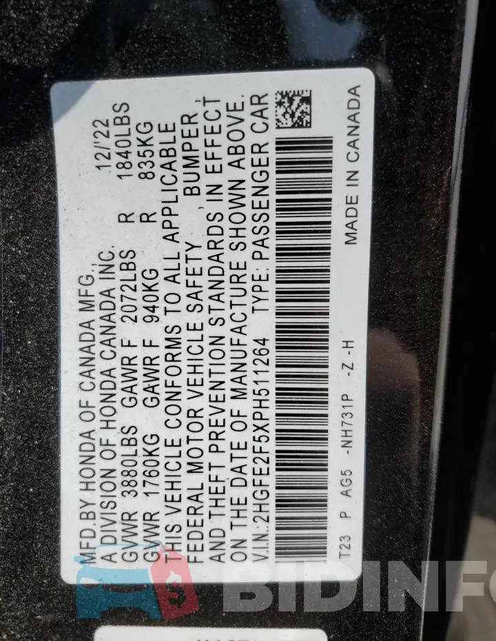 2HGFE2F5XPH511264 Photo# 12