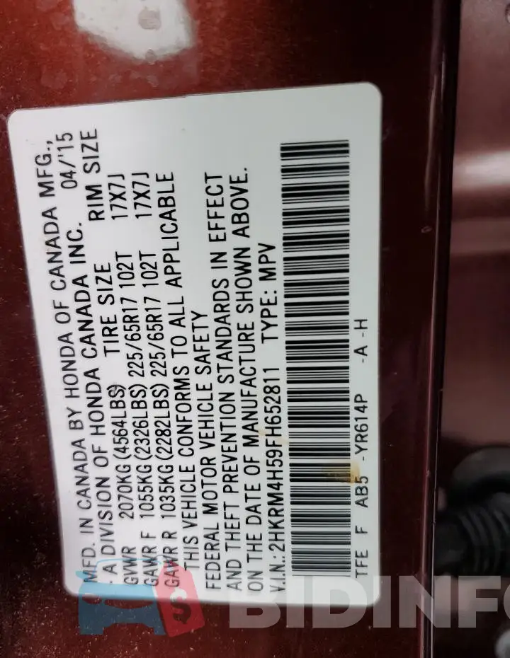 2HKRM4H59FH652811 Photo# 14