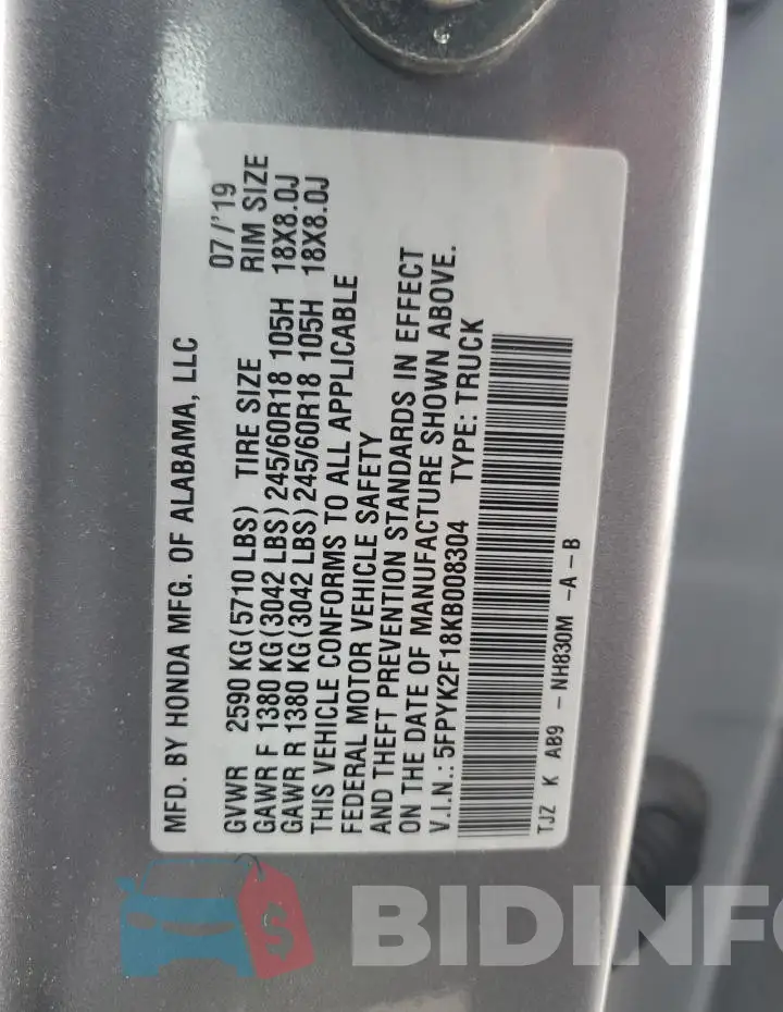 5FPYK2F18KB008304 Photo# 12