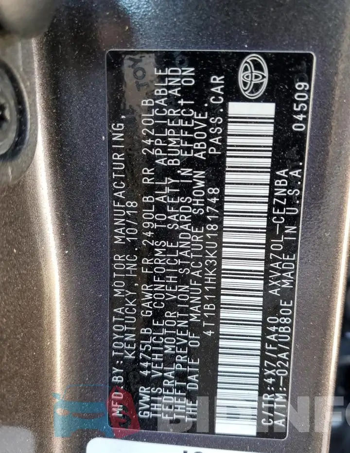 4T1B11HK3KU181748 Photo# 12