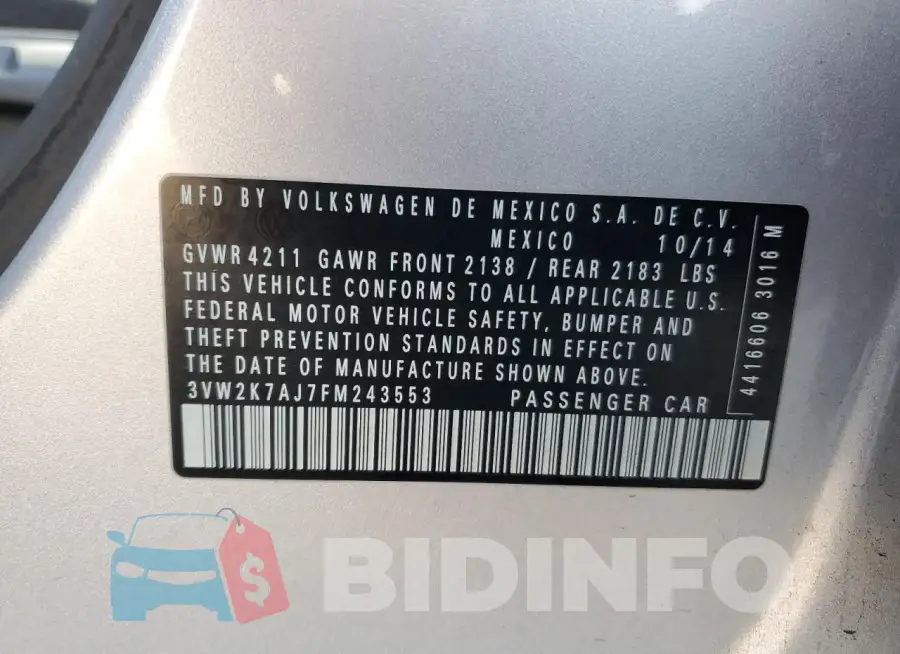 3VW2K7AJ7FM243553 Photo# 12