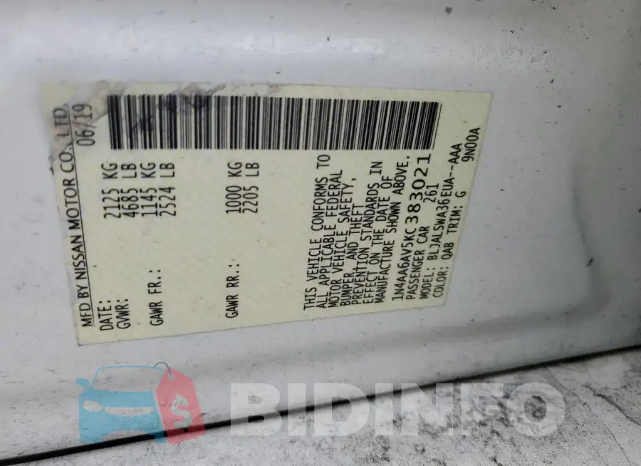 1N4AA6AV5KC383021 Photo# 12