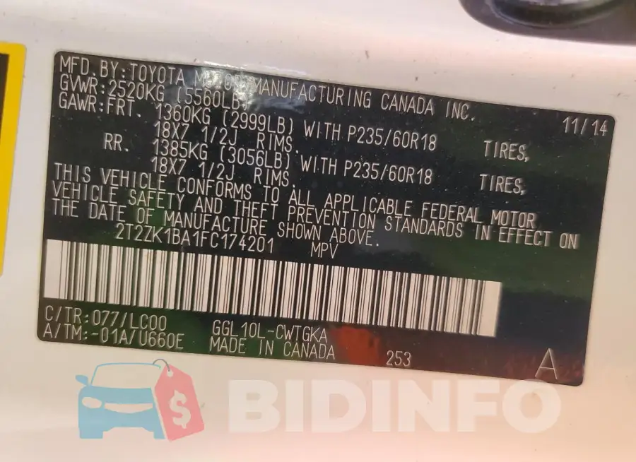 2T2ZK1BA1FC174201 Photo# 14