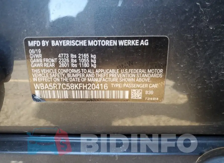 WBA5R7C58KFH20416 Photo# 13