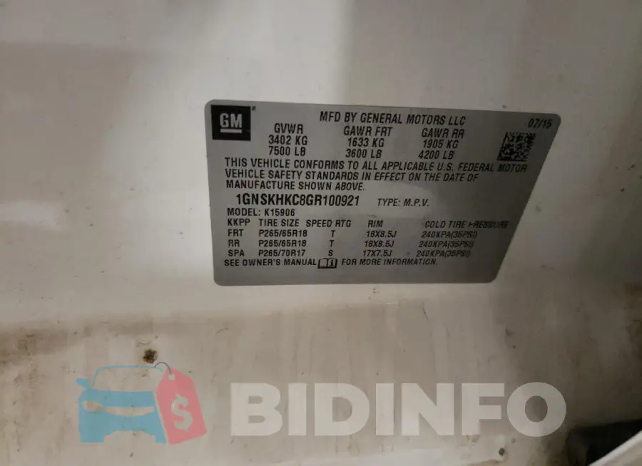 1GNSKHKC8GR100921 Photo# 13