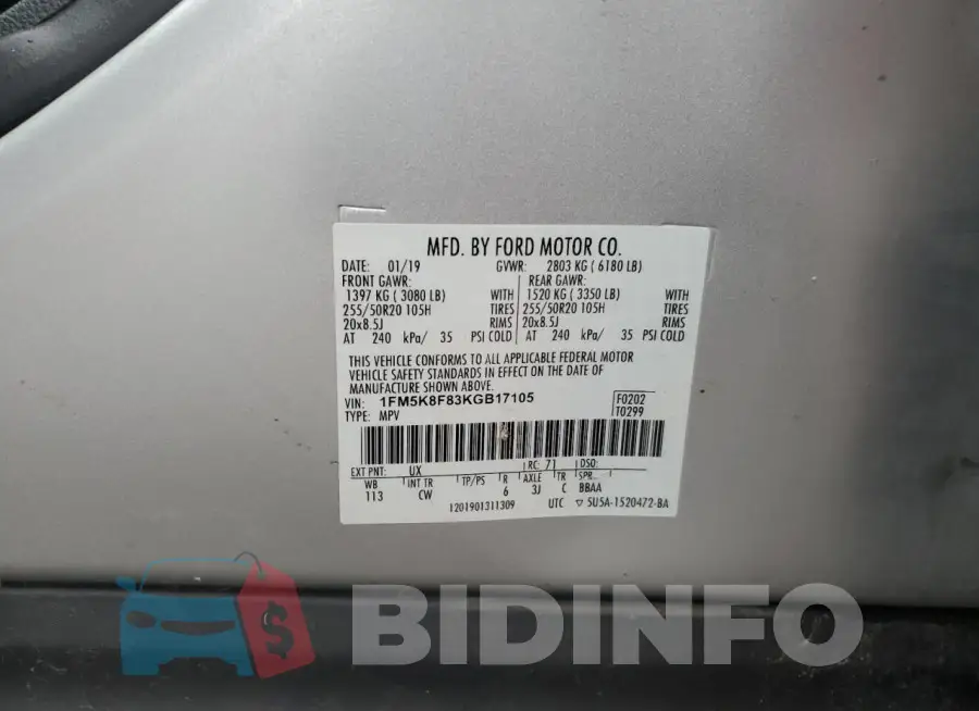 1FM5K8F83KGB17105 Photo# 12