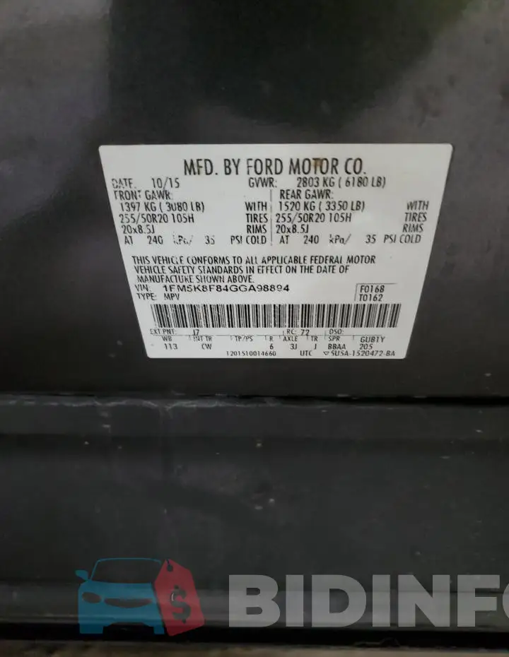 1FM5K8F84GGA98894 Photo# 13