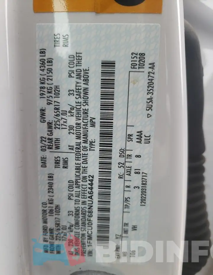 1FMCU0F68NUA64442 Photo# 13
