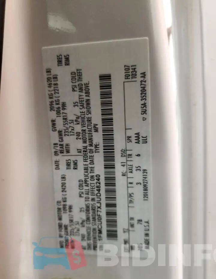 1FMCU0F7XJUD48240 Photo# 14