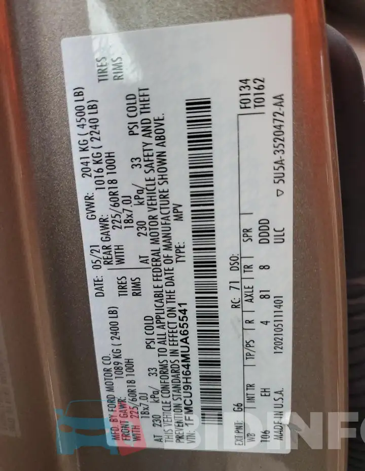 1FMCU9H64MUA65541 Photo# 13