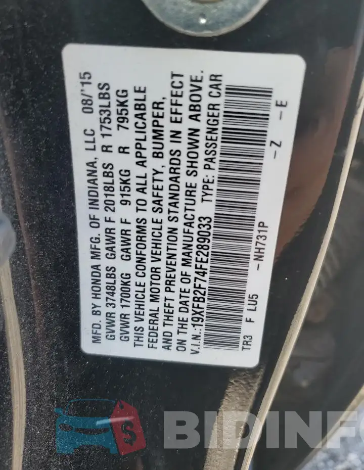 19XFB2F74FE289033 Photo# 12