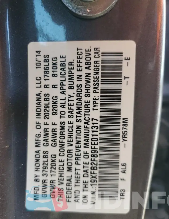 19XFB2F89FE011317 Photo# 12