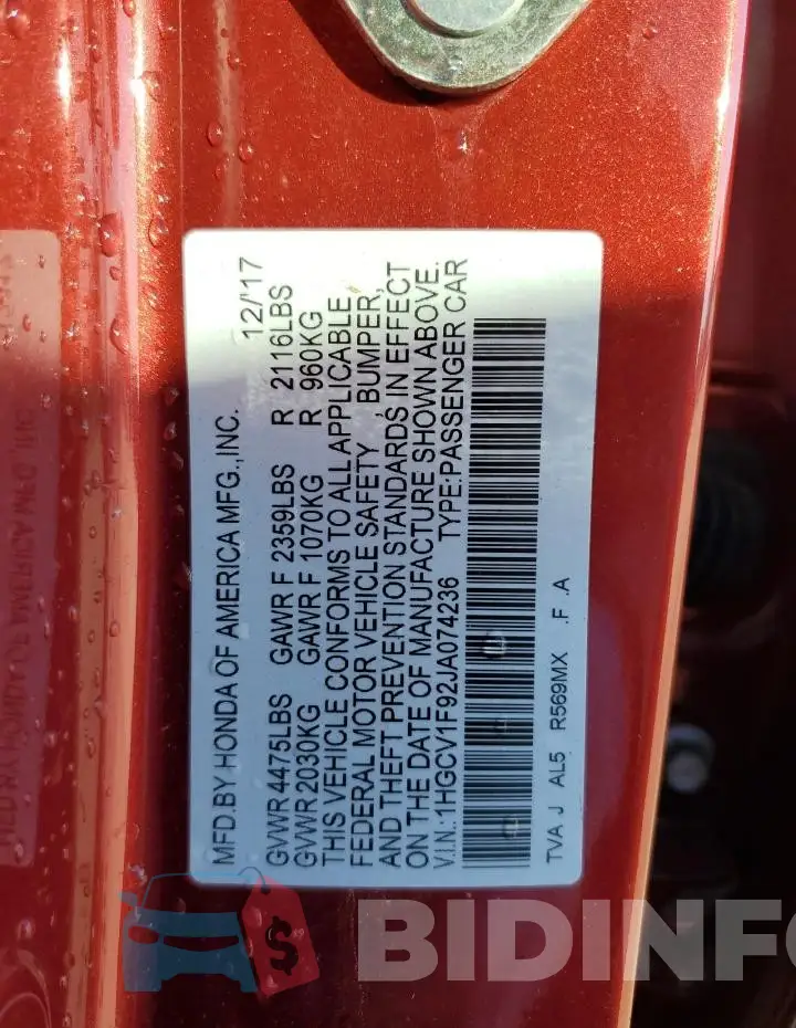 1HGCV1F92JA074236 Photo# 13