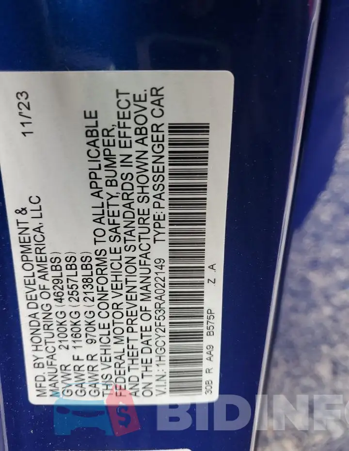 1HGCY2F53RA022149 Photo# 13