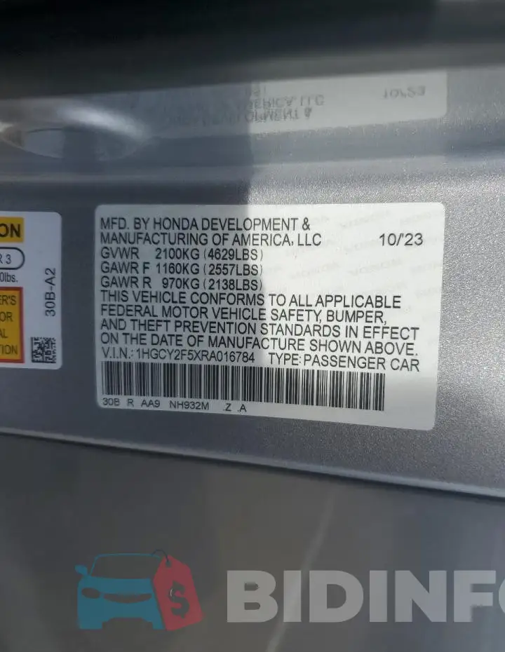 1HGCY2F5XRA016784 Photo# 12