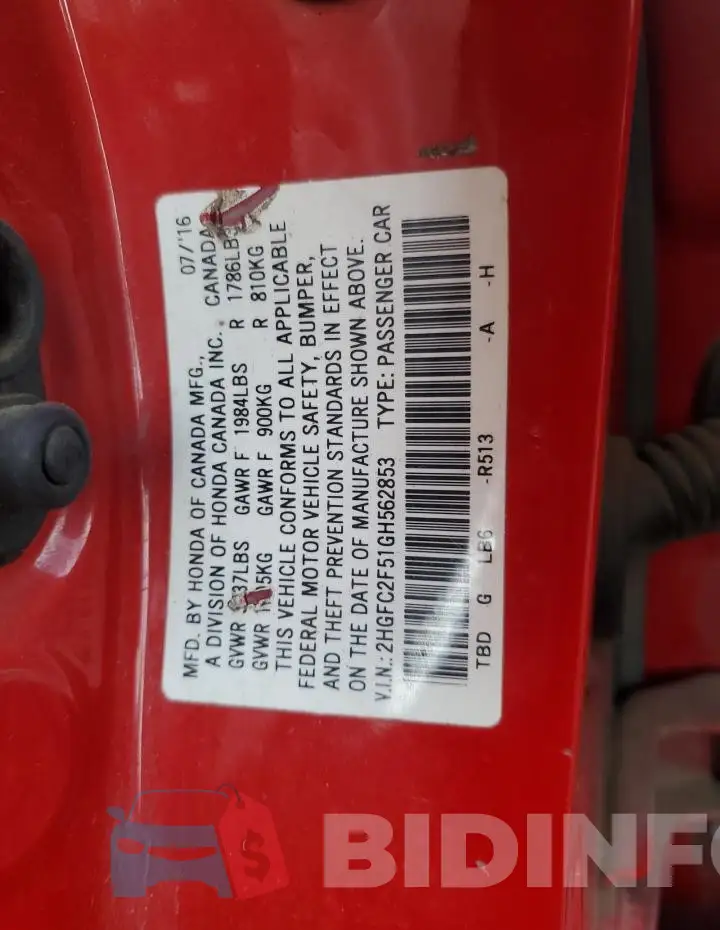 2HGFC2F51GH562853 Photo# 13