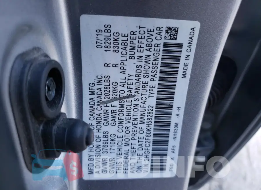 2HGFC2F60KH582822 Photo# 12