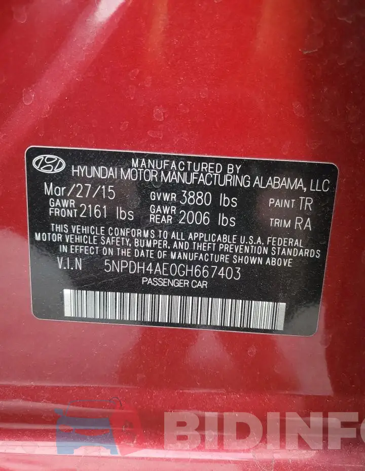 5NPDH4AE0GH667403 Photo# 12