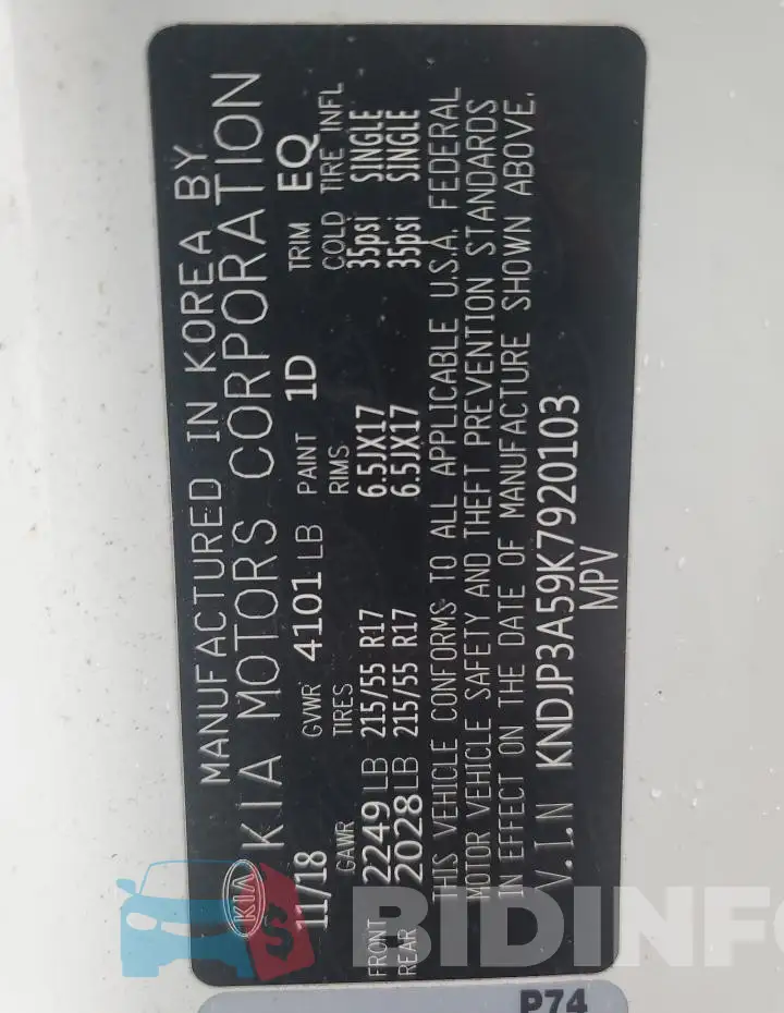 KNDJP3A59K7920103 Photo# 13