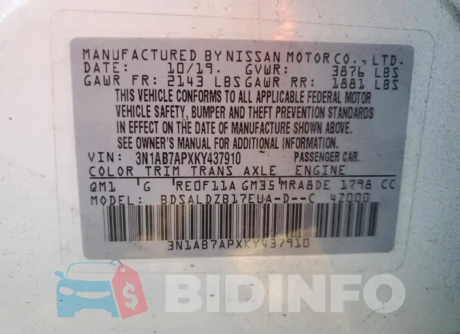 3N1AB7APXKY437910 Photo# 13
