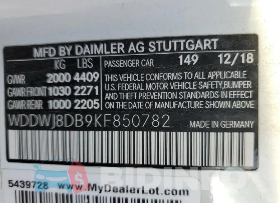 WDDWJ8DB9KF850782 Photo# 12