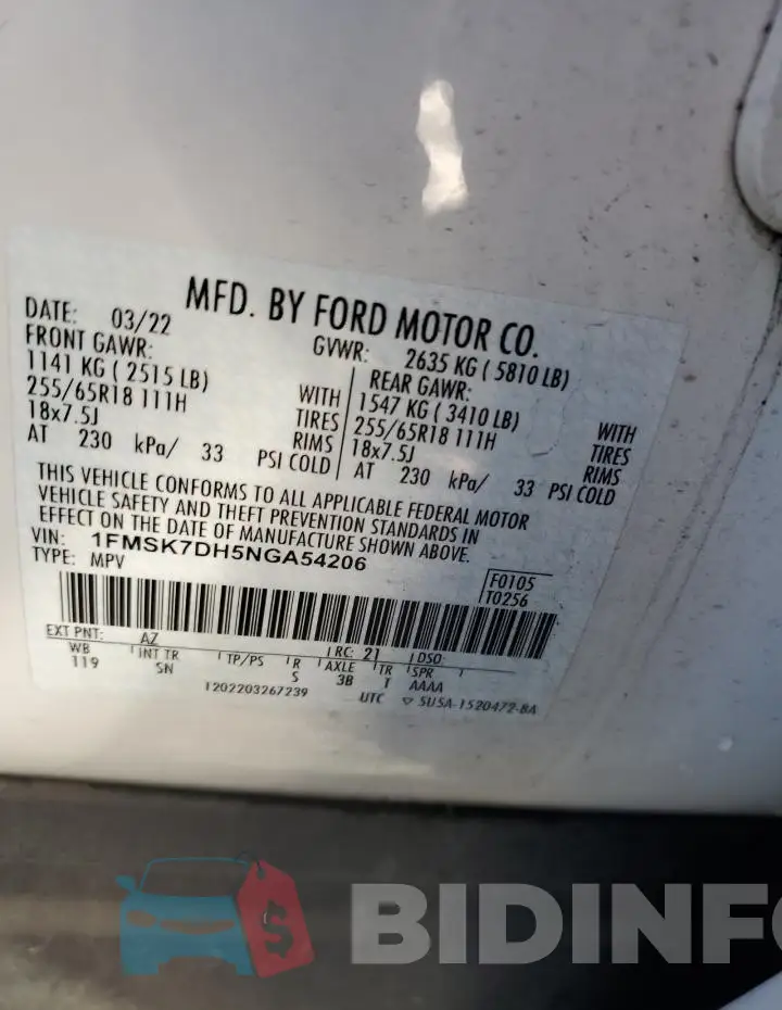 1FMSK7DH5NGA54206 Photo# 13