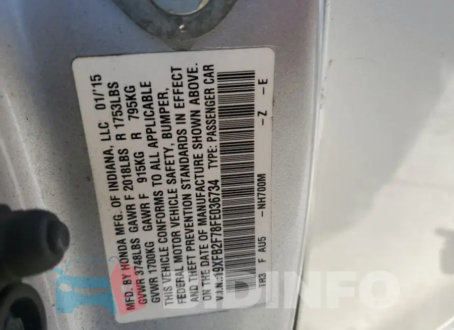 19XFB2F78FE036734 Photo# 12
