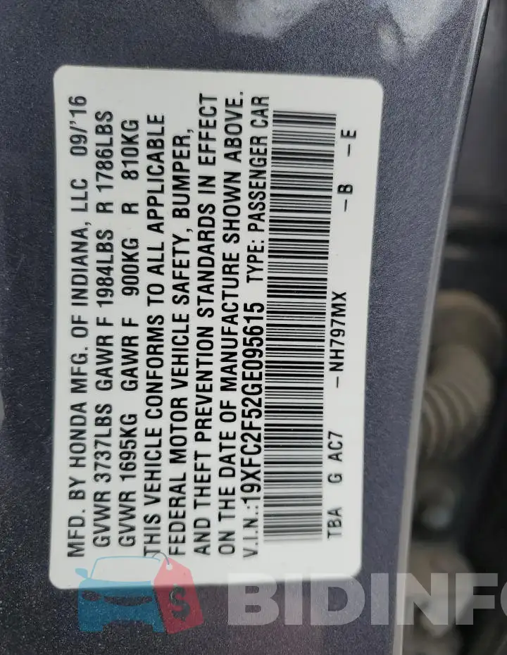19XFC2F52GE095615 Photo# 12