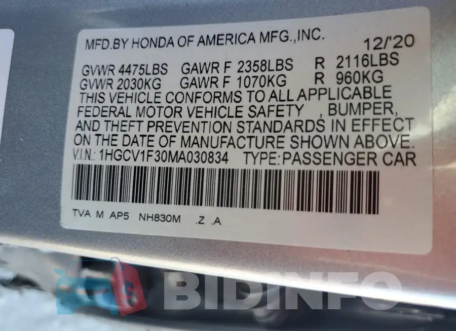 1HGCV1F30MA030834 Photo# 12
