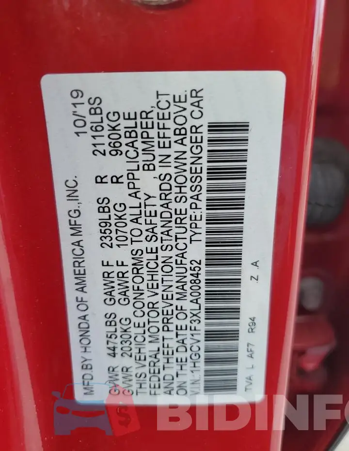 1HGCV1F3XLA008452 Photo# 13